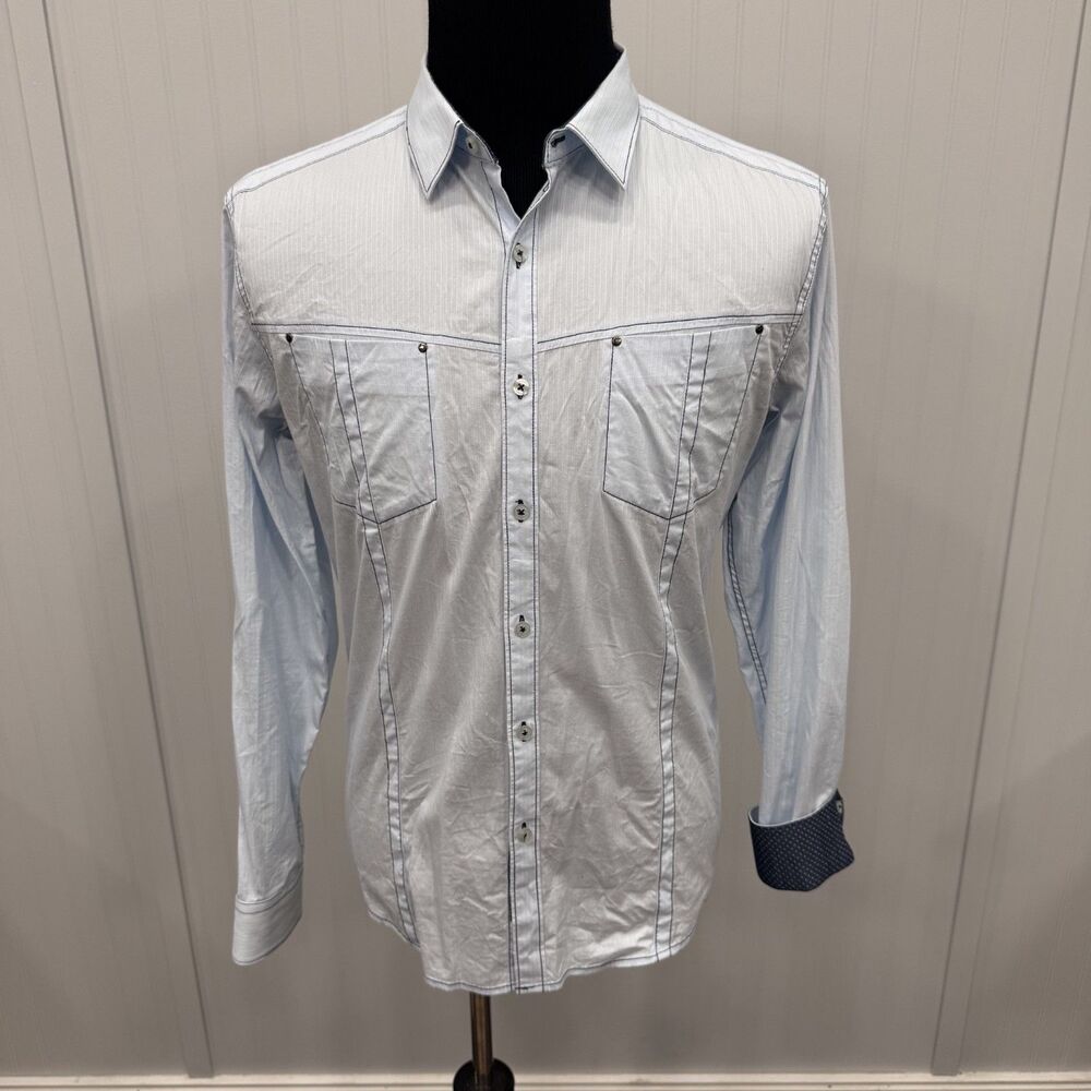 7 Diamonds Men's XL Light Blue Contrast Cuff Long Sleeve Button-Front Shirt